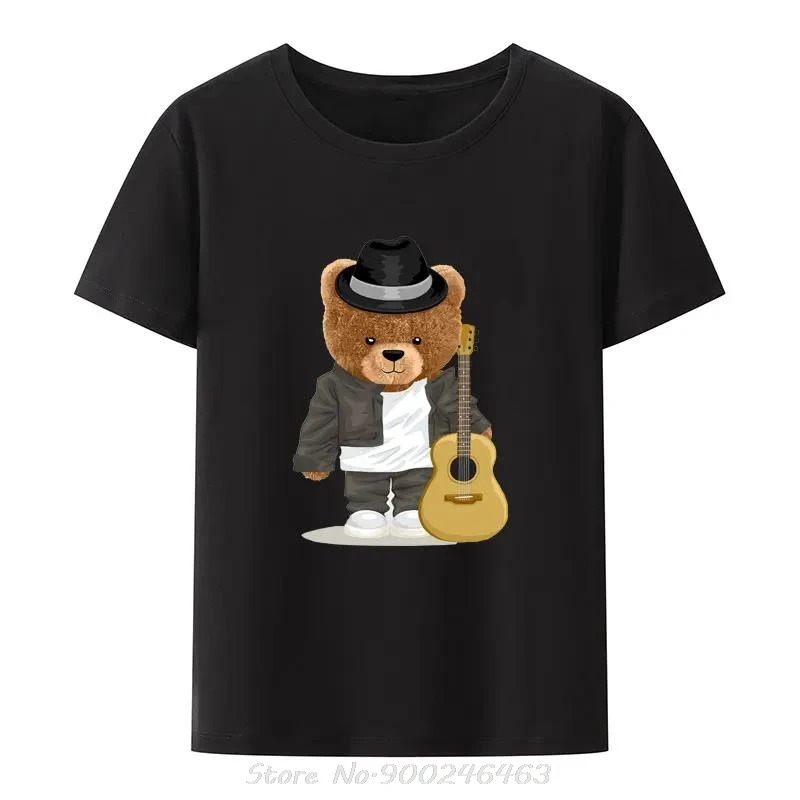 Kreativer cooler Bär im Musiker-Kostüm mit T-Shirt mit Akustikgitarren-Aufdruck, bequem, atmungsaktiv, Y2k-Grafik-T-Shirt für Herren – Detail 2