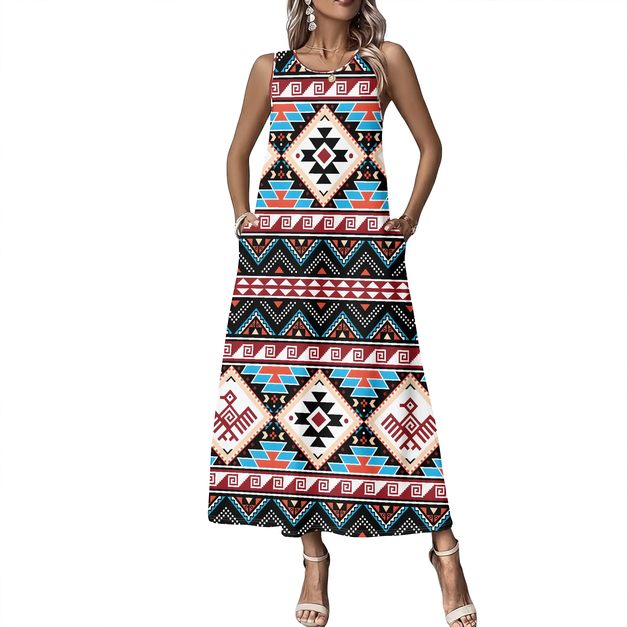 Ärmelloses Sommerkleid für Damen mit Rundhalsausschnitt, 3D-Modisch Bedrucktes Langes Swing-Kleid – Detail 1