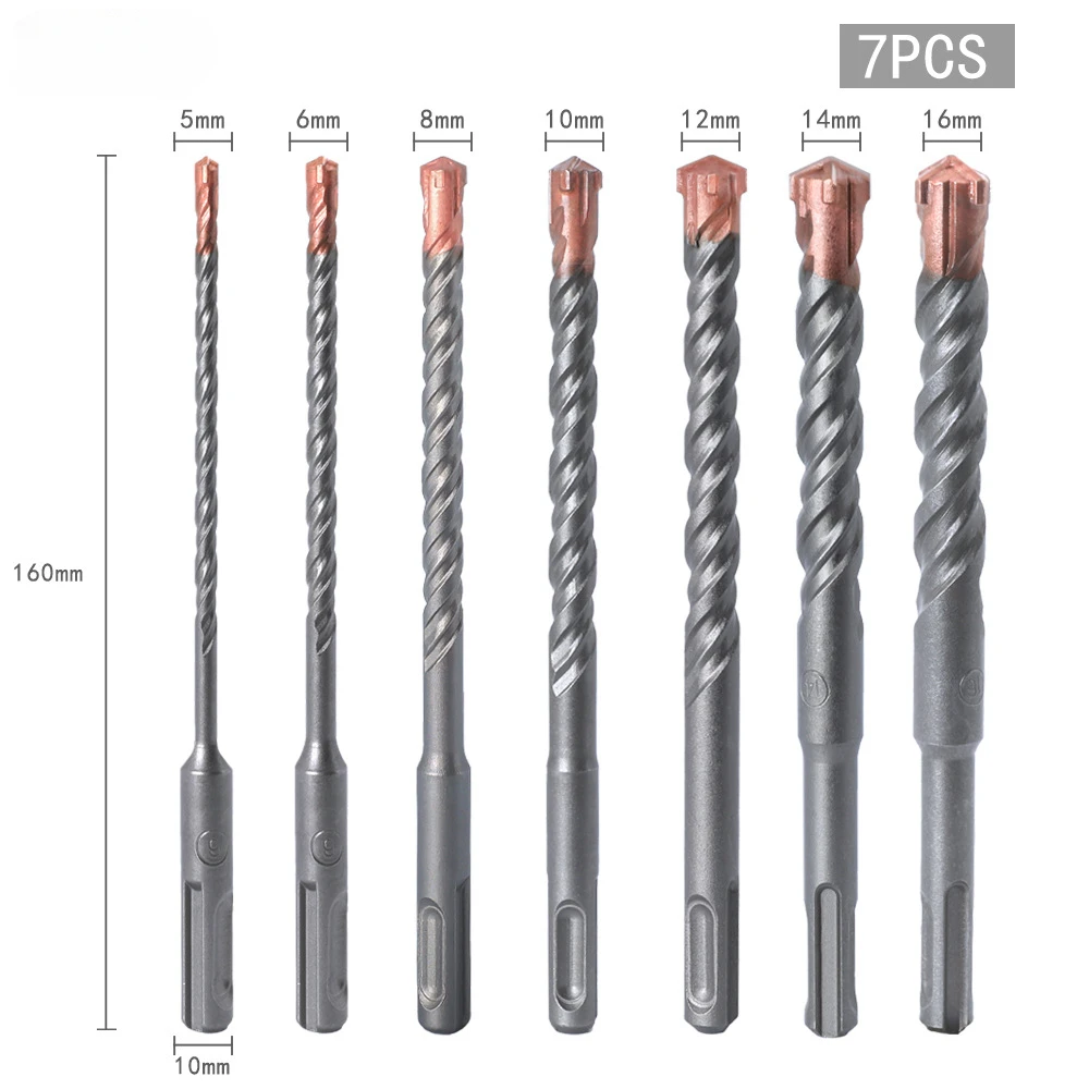 

7Pcs 160mm Hammer Drill Bit Set 5-16mm For Concrete Brick Block Stone Masonry And Granite 4 Flute SDS Plus Drills