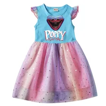 

Huggy Wuggy Poppy Playtime Game Clothes Kids Short Sleeve Cotton T Shirt Mesh Dresses Toddler Gril Lace Ball Gown Princess Dress