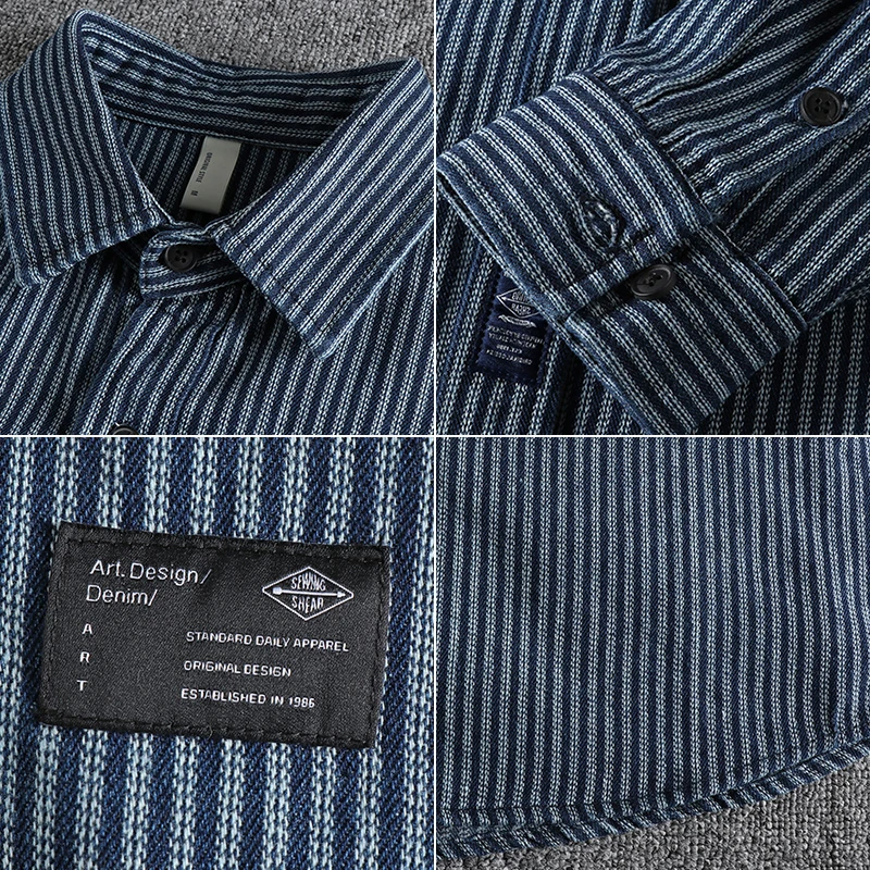 Men's Denim Shirt Vintage Yarn-dyed Striped Simple Pocket Spring and Autumn Youth Thin Coat