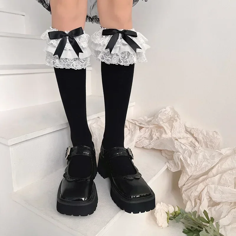 

Japanese Multi-layer Lace Bow Tie Lolita Calf Stockings Cotton Long Sexy Stockings Vintage Gothic Palace Cosplay JK Accessories