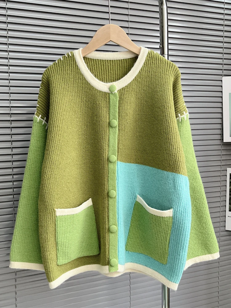 

[EWQ] patchwork contrast loose cardigan coat for women single breasted long sleeve line sweater jackets 2023 autumn new tide 268