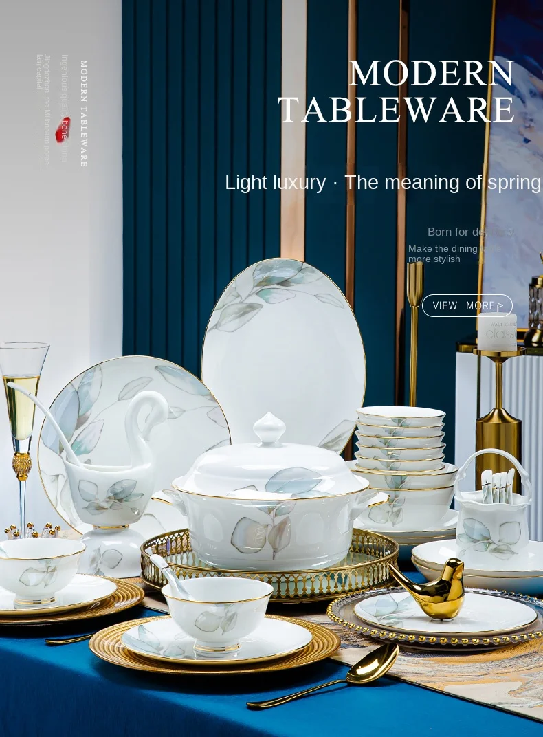 Dish Set Household Luxury Bone China Tableware Jingdezhen Bowl Plate Combination Relocation Bowl Chopsticks Plate Ceramic