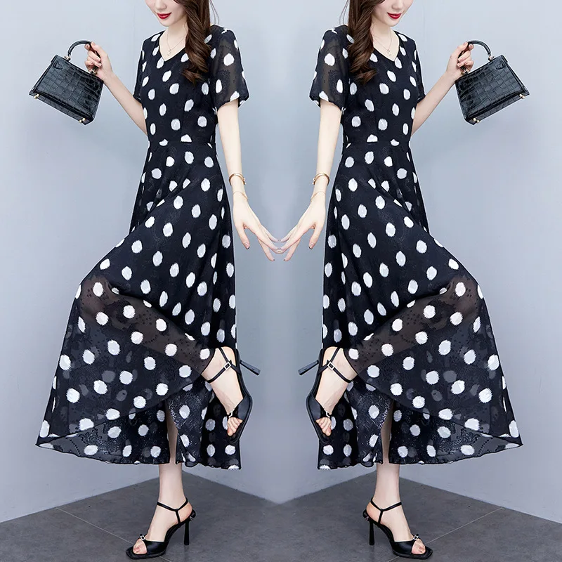 

Jacquard polka-dot chiffon dress 2023 summer new plus-size premium feel waist slim dress