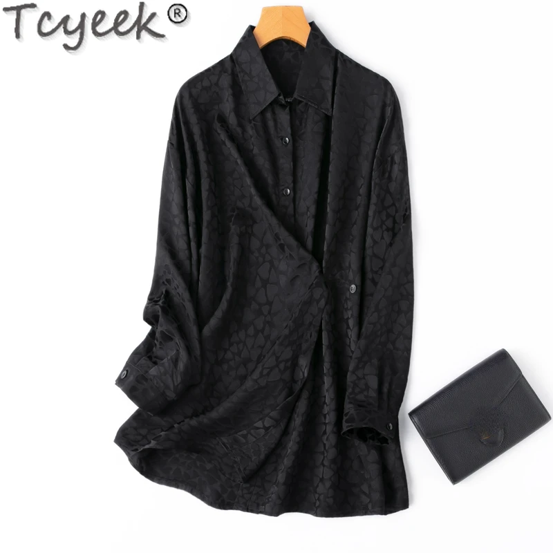 

Tcyeek 100% Mulberry Silk Shirt 2024 Spring Summer Top Female Elegant Shirts for Women Clothes 20MM Real Silk Black Tops Loose