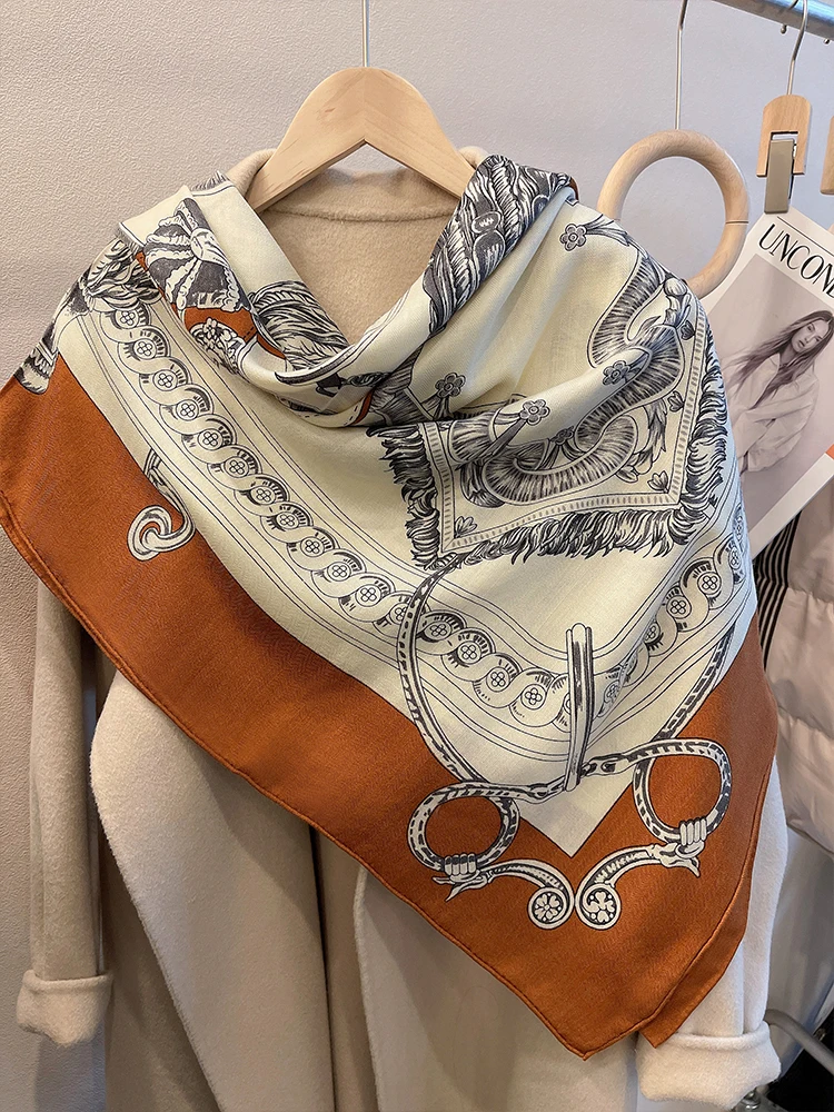 

Warm Silk Wool Cashmere Scarf Brand Designer Horse Printed Square Mulberry Shawls and Wraps 135CMX135CM Herm Roller Edge Cape