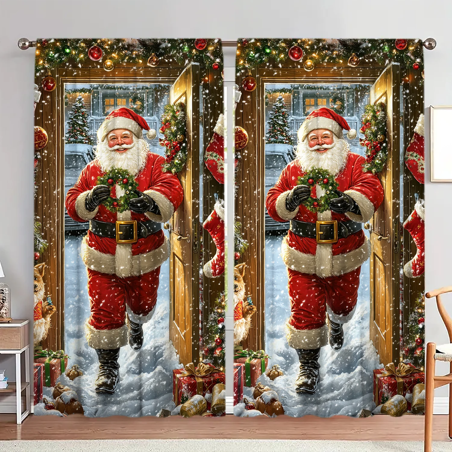 Description Picture 2 of item2pcs Santa Claus Is Here Printed Curtain for Christmas Home Decor - Rod Pocket Window Treatment for Bedroom, Office, Kitchen