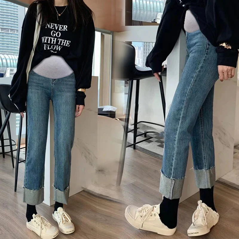 임산부를 위한 부츠 컷 스트레치 데님 임산부 청바지, 고민 오래된 워싱 배꼽 바지, 레트로 임신, 2024 용수철 패션  Best5