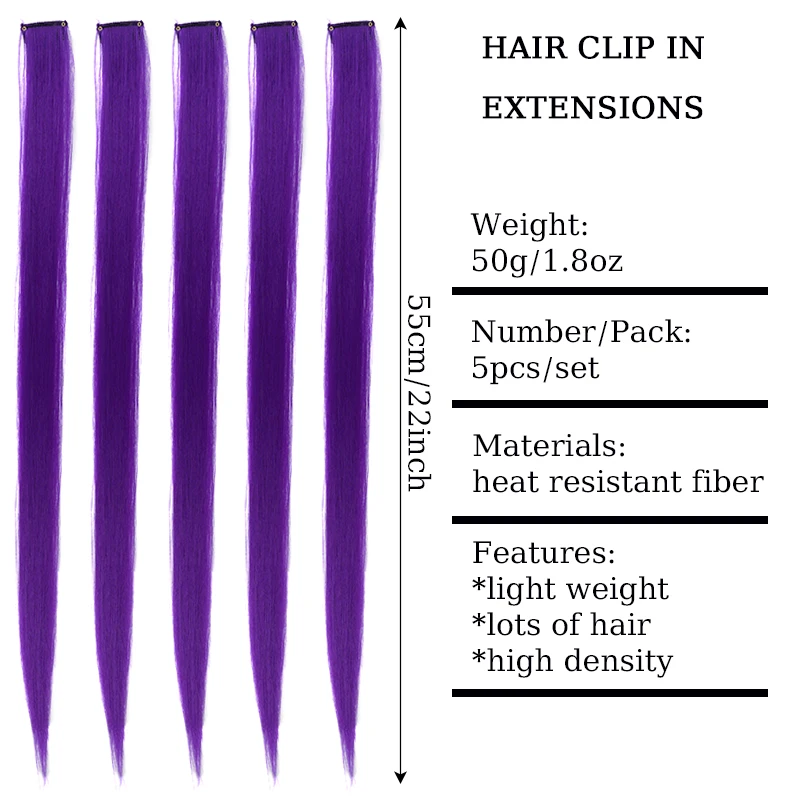 22inch 5PCS Synthetic Purple Clip in Hair Extensions Straight Colorful Hair Extensions Hairpieces for Halloween Christmas Party