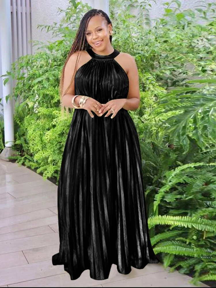 Wmstar Dress Women Wholesale Loose Sleeveless Off Shoulder Silk Pleated Elegant Big Swing Long Dress Women Clothing New Summer