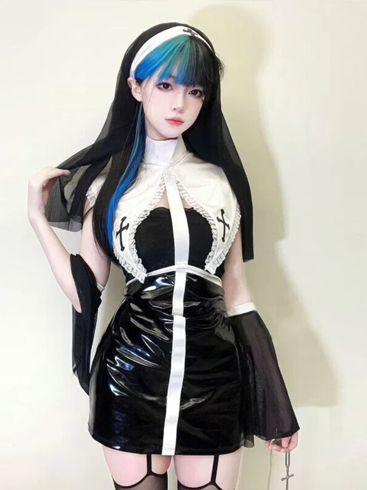 Lencería sexy de anime, disfraz de monja y bruja, conjunto de uniforme japonés kawaii, vestido de charol con pecho abierto, disfraz para fiesta en discoteca