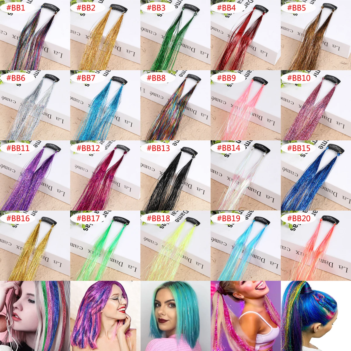 Description Picture 2 of itemSparkle Hair Tinsel Clips Rainbow Colored Strands Girls Headwear Hairbinge Hair Laser False Hair Extensions Decor Glitter Strips
