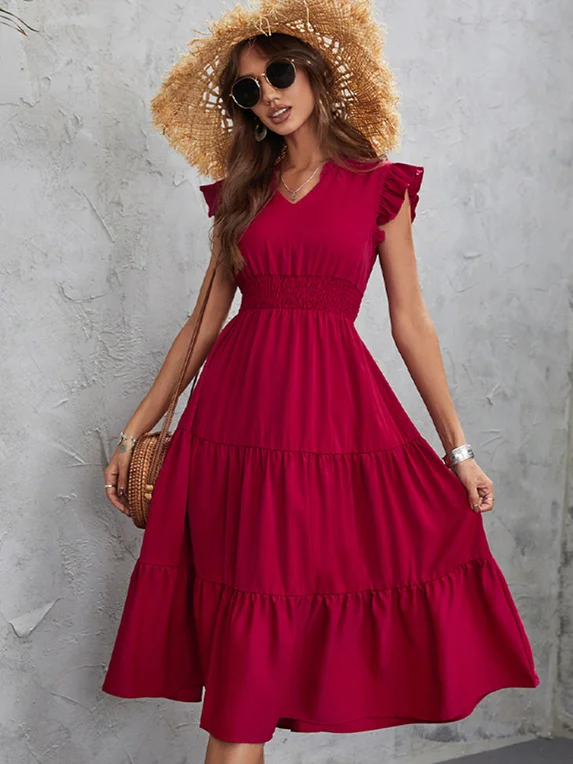 

2024 Hot Selling Solid Maxi Dress Casual Short Sleeve Ruffle Elastic Waist Beach Long Dress Women Summer Party Evening Sundress