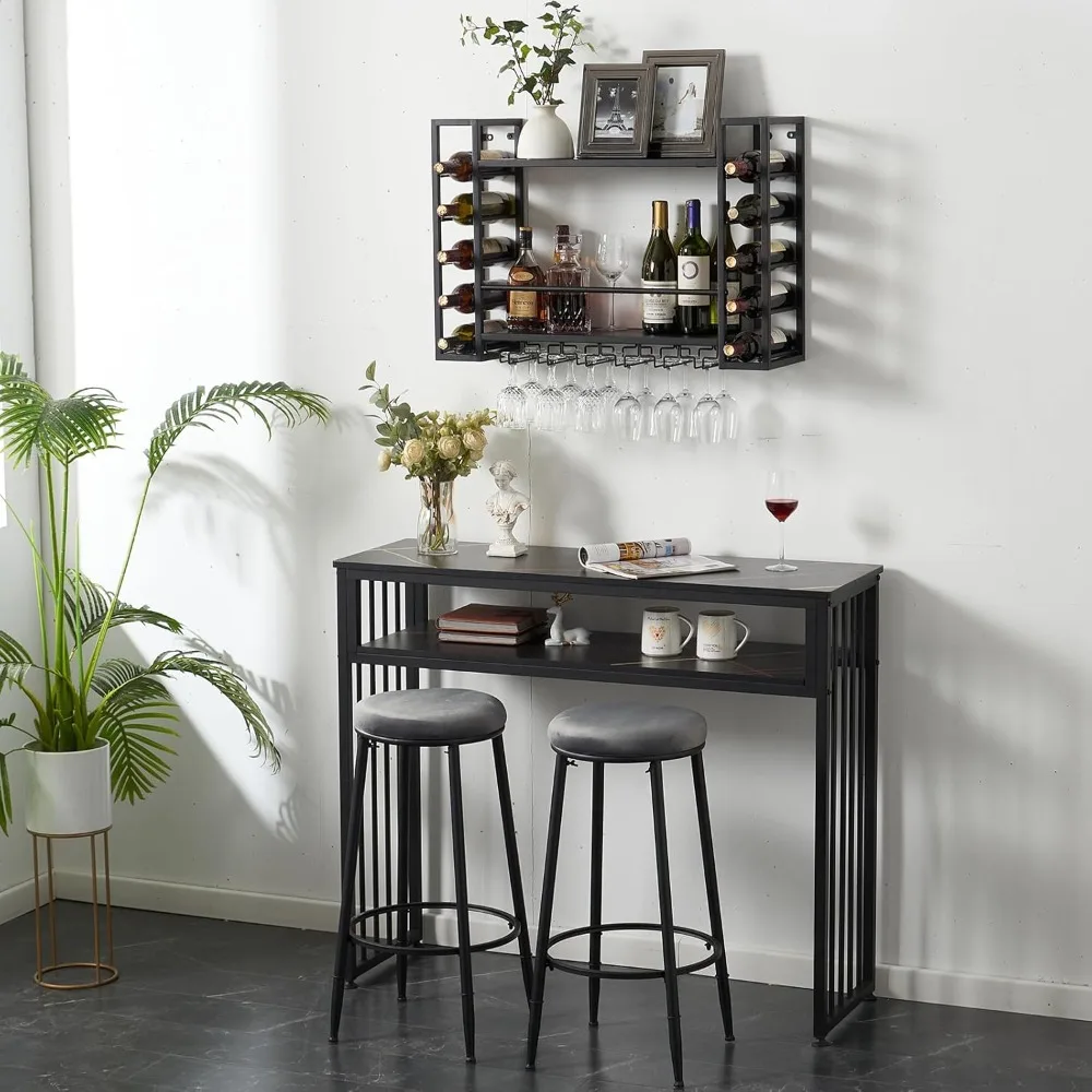 Wall Mounted Wine Rack with Glass Holder, Metal Bottle Holder Wine Storage Display Rack for Home Bar Dining Room Kitchen