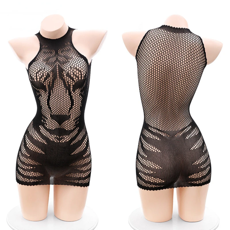 المرأة النمر المطبوعة شبكة جوفاء Bodycon فستان قصي...