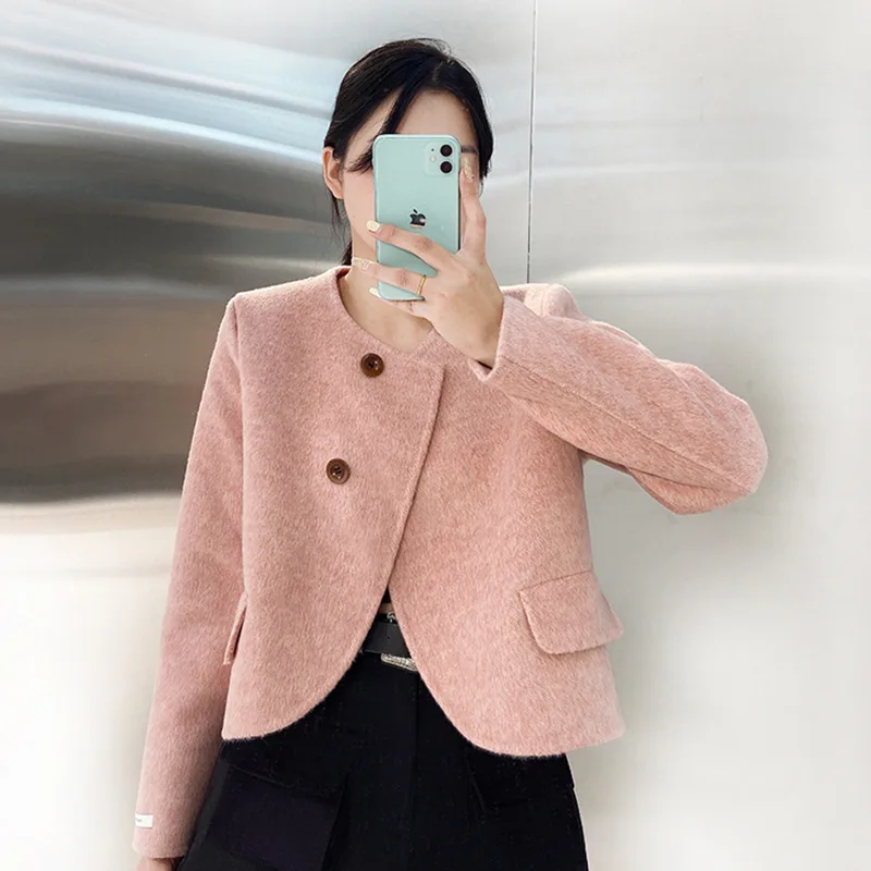 New single breasted short mulberry silk double faced woolen women's coat Women's casual wool coat