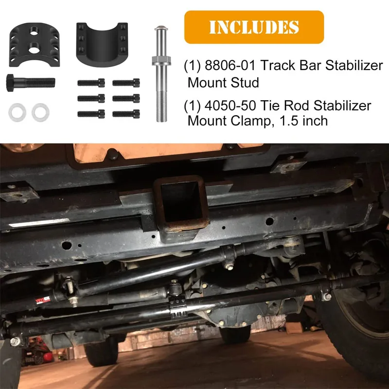 Steering Stabilizer Tie Rod Clamp (1-1/2" OD Tube) with Steering Stabilizer Relocation Bolt for Jeep Wrangler JK JL JT 2007-