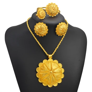 Anniyo 7.7cm Big Pendant Necklace Earrings Bracelet Rings African Ethiopian Jewelry Sets Eritrean Arabic Wedding Decor  #155216R 2