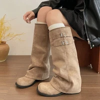 Bottes hautes pliables chic à la française pour femme, style décontracté, à talon compensé, à enfiler, noires, kaki, bout rond, avec bride à boucle, type moto 4
