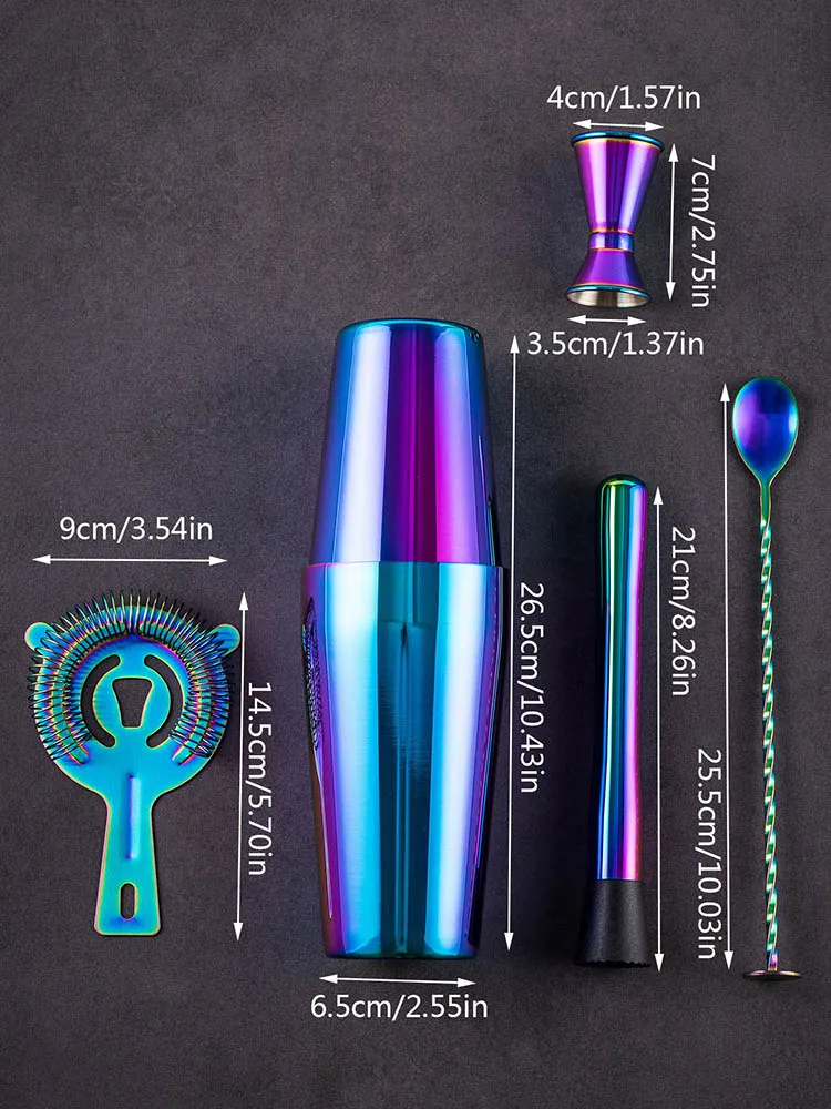 5개 레인보우 칵테일 셰이커 바 세트, 보스턴 셰이커 틴, 750ml 믹스드 드링크 셰이커가 포함된 바텐더 키트