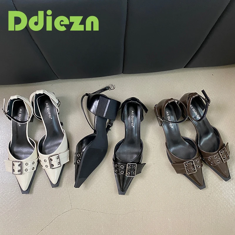 Pointed Toe Pumps Women Square Heels Shoes Fashion Luxuy Footwear Female Ankle Strap Shoes Ladies High Heels Sandals 2025 2