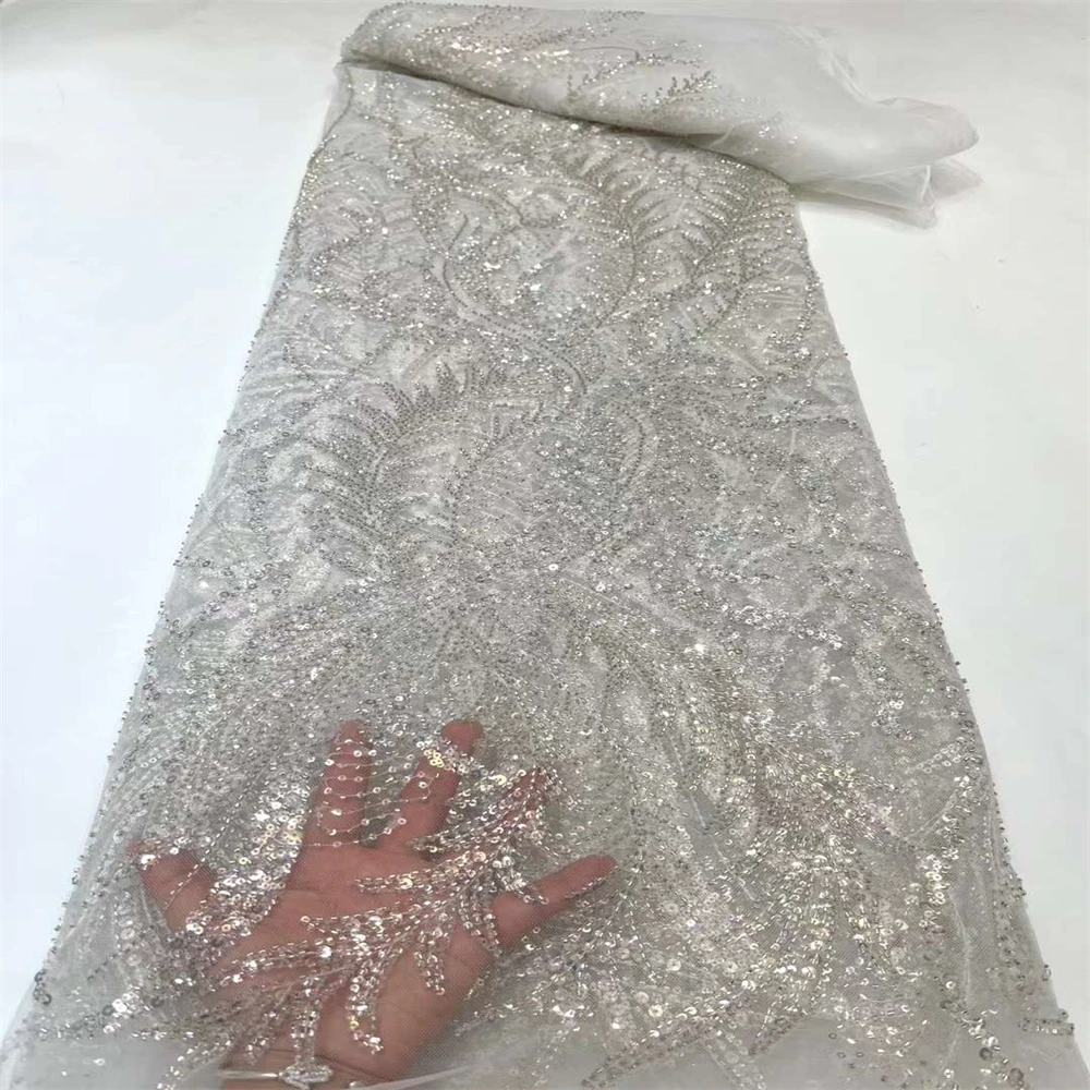 

Latest Lace Fabric High Quality 2023 Dubai Beaded Crystal Net Fabric with Pearl Africa Sequins Embroidered Tulle for Wedding Sew