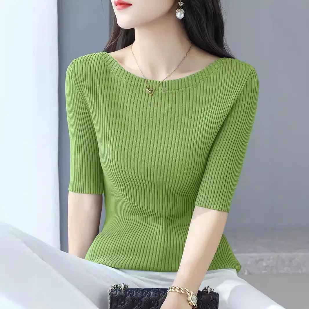 Women Short Sleeve Slim Knitted Pullover Sweater Top