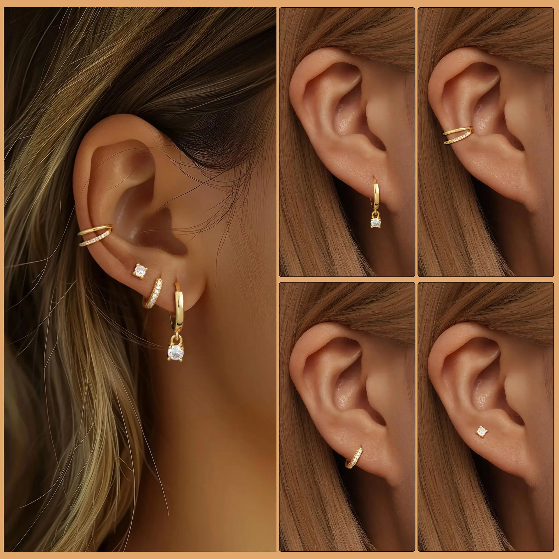 4PCS Trendy Gold Color Cartilage Huggie Hoop Earrings Set Tiny Hypoallergenic CZ Ear Cuff Studs for Women Cute Piercing Jewelry 4