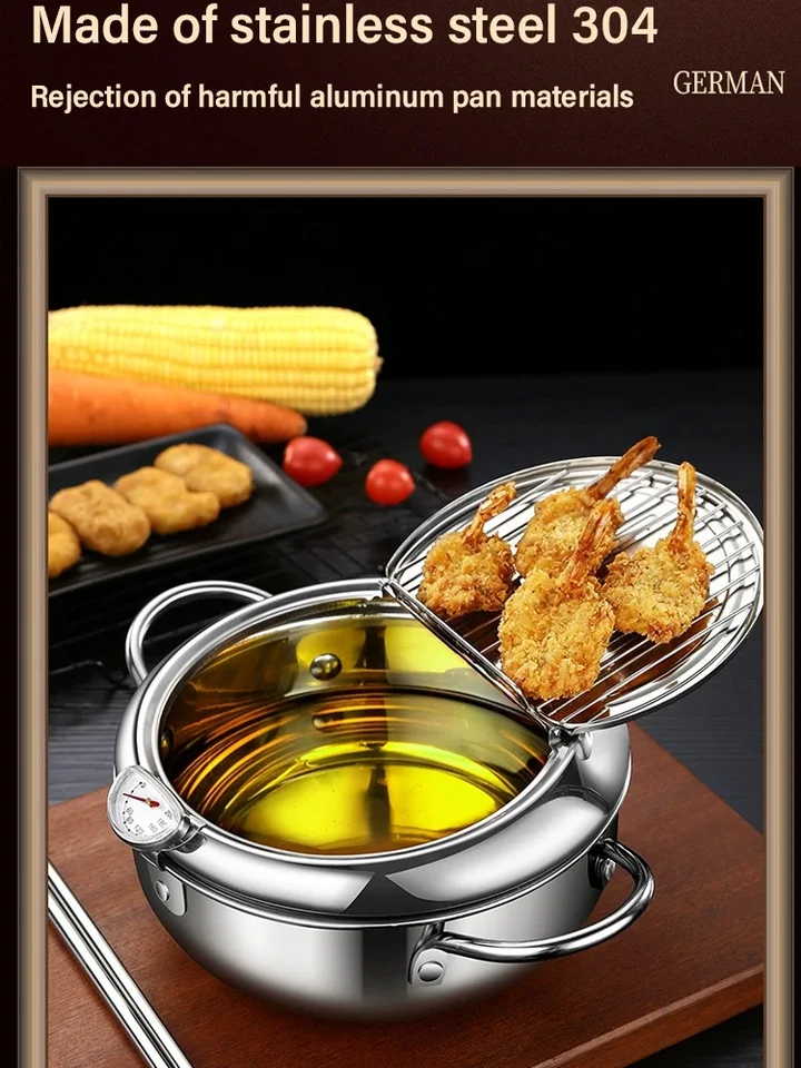 Mini pentola in acciaio inossidabile in stile giapponese, padella in tempura per uso domestico a temperatura controllata, compatibile con fornello a gas, fornello a induzione (20 cm