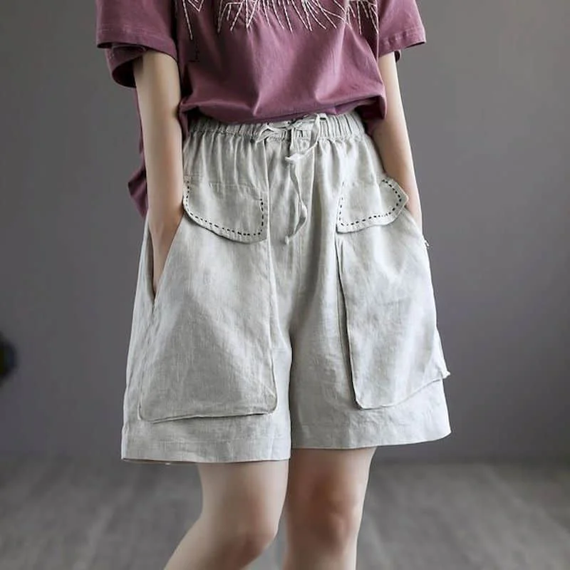 

Cotton Linen Shorts Women Summer Vintage Pocket Wide Leg Pants Casual Loose Oversized Lace-up Five-point Shorts Women Clothing