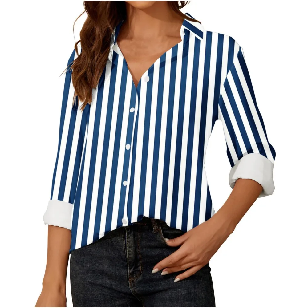 

Spring Autumn Women Shirts & Blouses Vintage Stripe Print Long Sleeve Turn Down Single Breasted Casual Shirt Tops Streetwear