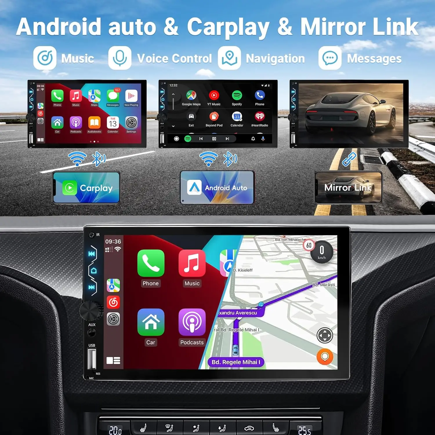 7 인치 무선 자동차 라디오 스테레오 2 Din HD 터치 스크린 Carplay 안드로이드 자동 자동차 비디오 플레이어 후면보기 카메라 블루투스 FM