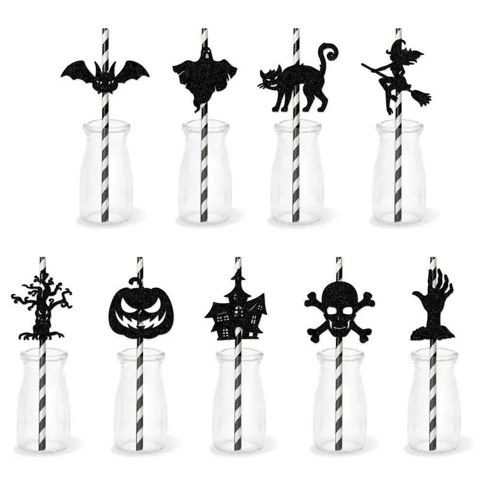 

9Pcs/set Halloween Paper Straws Black Pumpkin Bat Witch Ghost Card Disposable Drinking Straws Halloween Party Decoration 2023