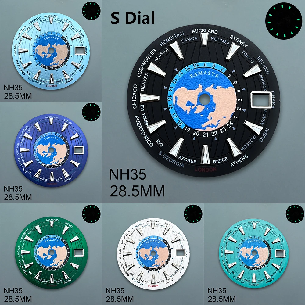 28.5mm S 로고 다이얼 NH35/NH36/4R/7S 무브먼트 호환 녹색 야광 신형..