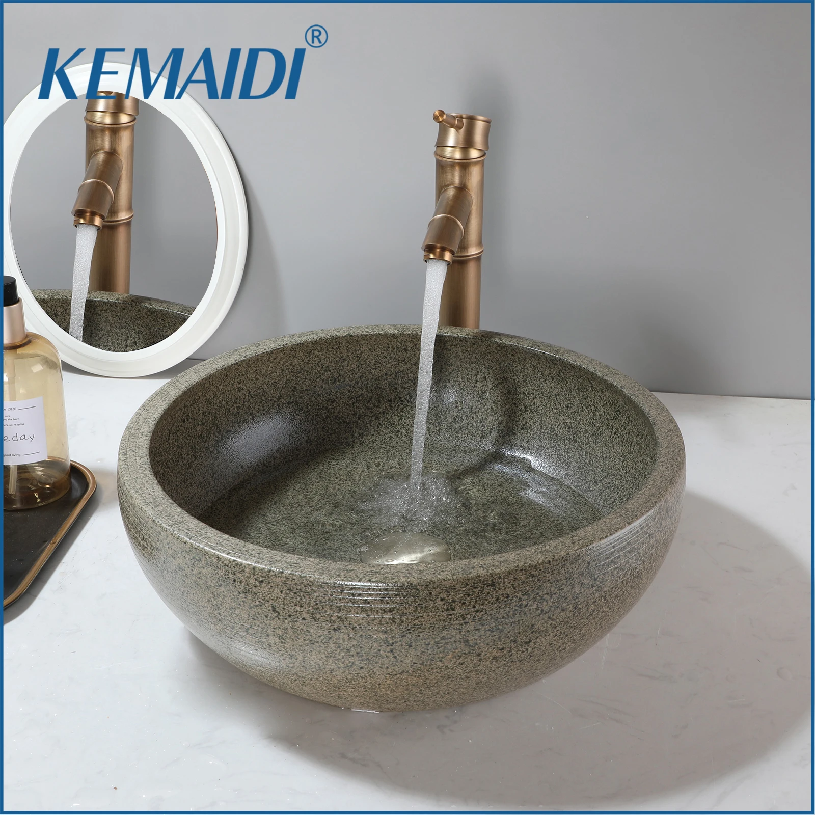 

KEMAIDI Bathroom Vessel Sink Round Marble Vessel Sink w/ Faucet Above Counter Ceramic Countertop Vessel Sink for Bathroom