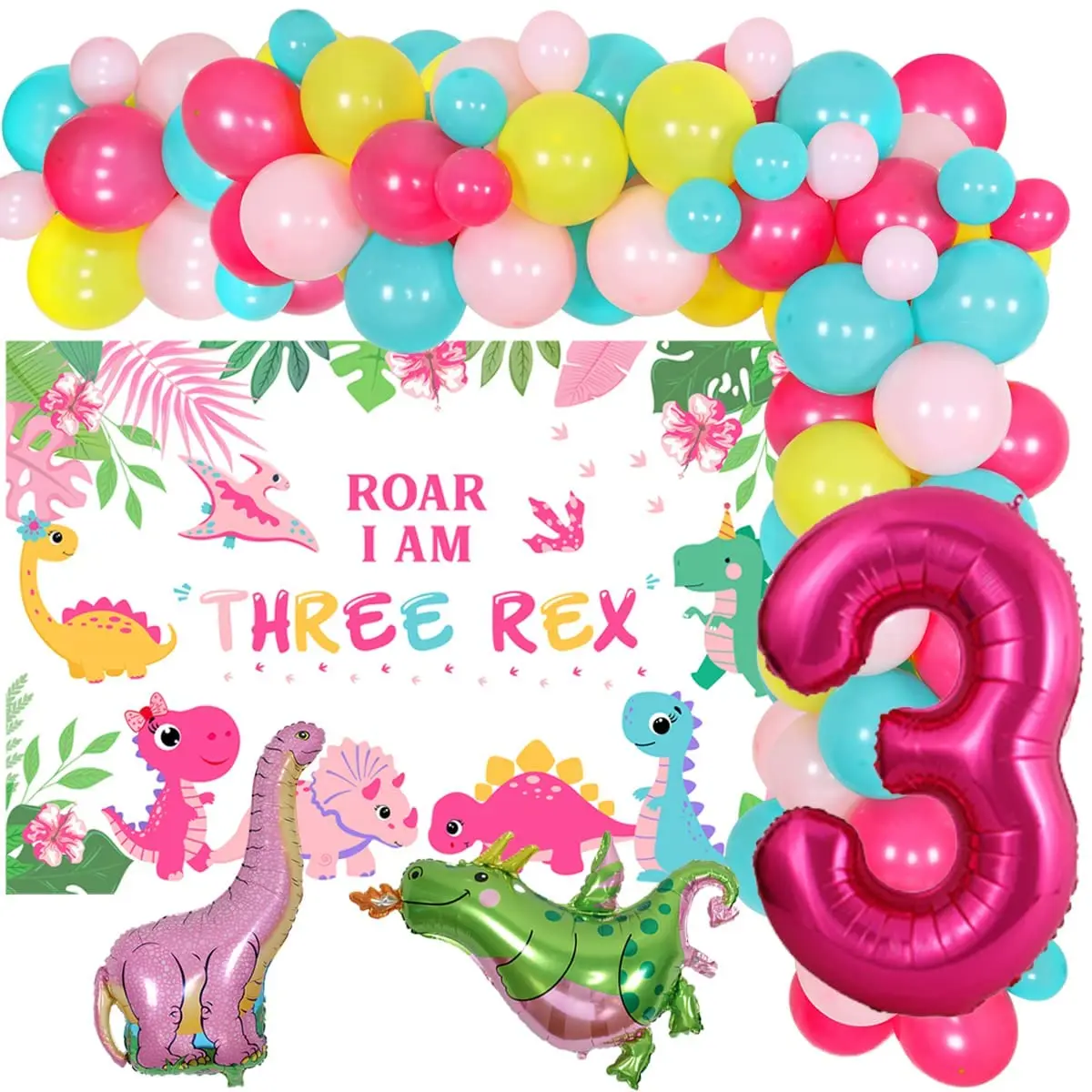 

Cheereveal Pink Dinosaur 3rd Birthday Party Decorations for Girls Roar I Am Three Rex Backdrop with Dinosaur Balloon Garland Kit