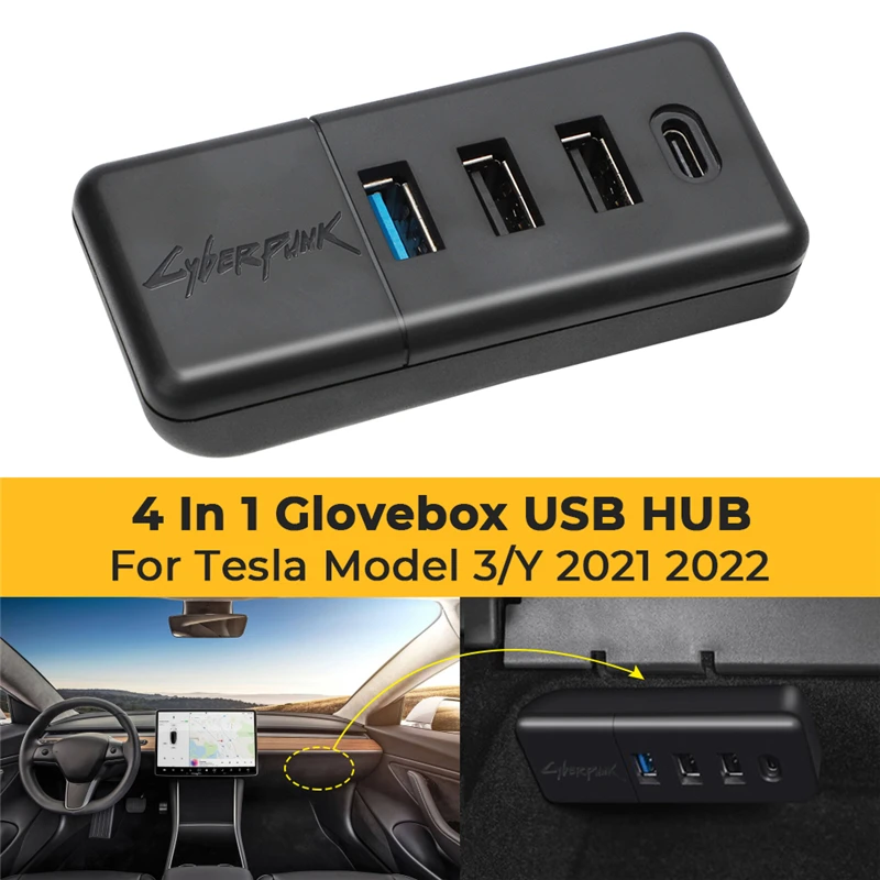 

For Tesla Model 3 Y 2021 2022 Glovebox USB Expansion Hub Ports Splitter HUB Docking Station 4 In 1 Co-pilot USB Spiliter ModelY