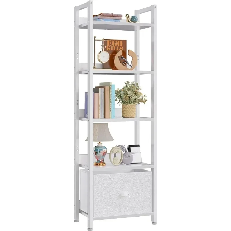 

Furologee 5 Tier Bookshelf with Drawer Tall Narrow Bookcase with Shelves Wood and Metal Book Shelf Storage Organizer