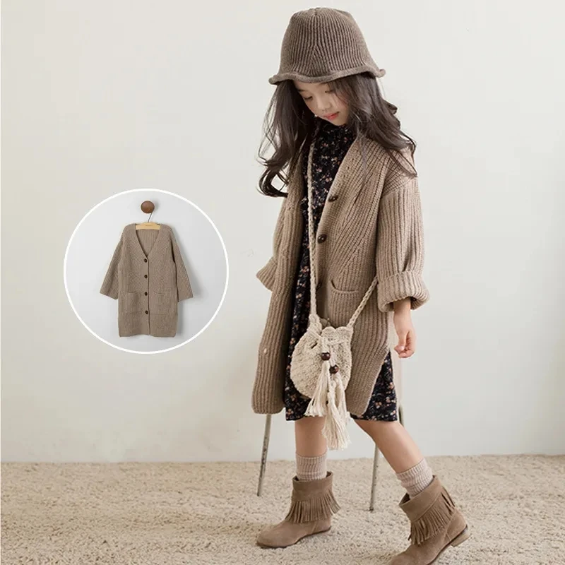 

3-14 Years Kids Sweater Cardigans for Girls V Neck Loose Casual Long Sweater Coat Teens Fall Knit Outwear Jacket Children Coat