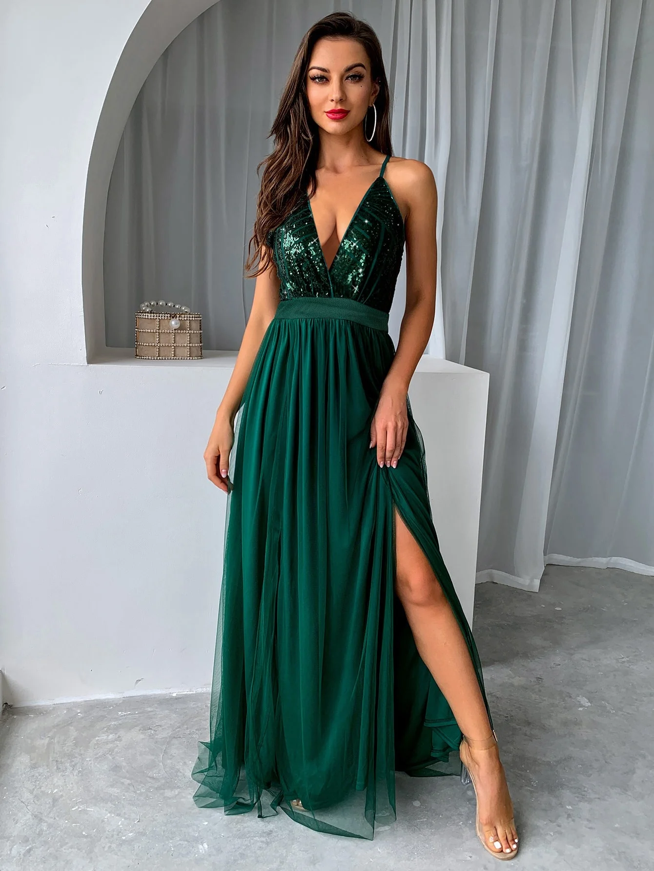 Yissang Mesh Sequins V-neck Dress Women 2023 New Cocktail Party Dresses Backless Summer Maxi Long Bodycon Dress Elegant Dress