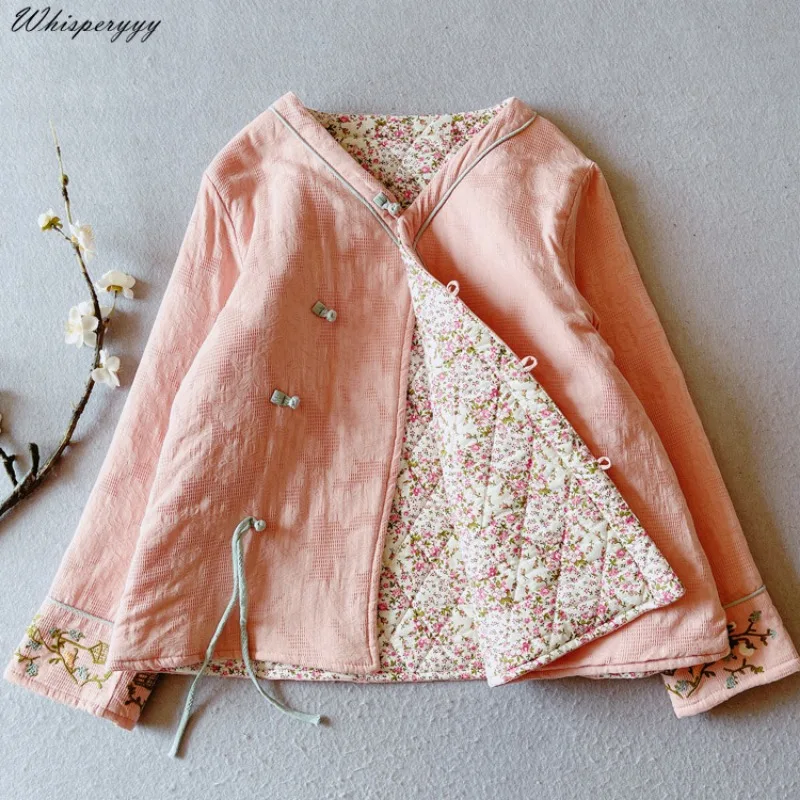 Chinese Style Embroidery Vintage Cotton and Linen Coat Women's Winter Hanfu Tops