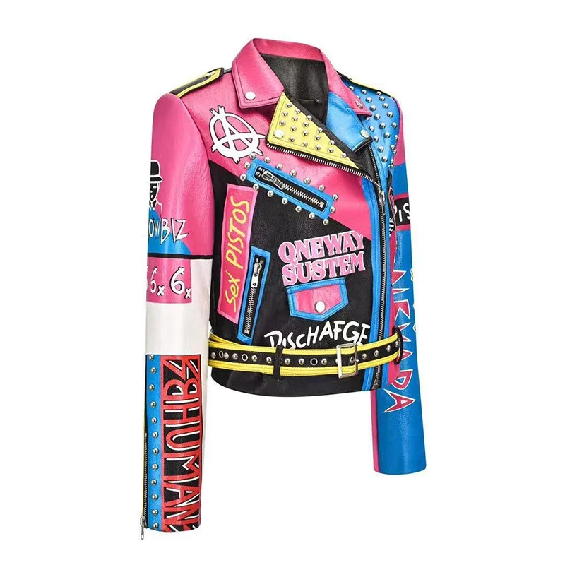 Punk Studded Motorcycle Leather Jacket for Women 2024 Trend Streetwear Graffiti Print Contrast Faux Leather Cropped Jacket