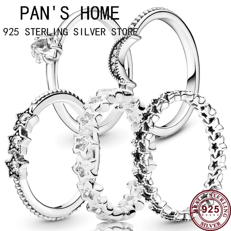 

New Hot 925 Sterling Silver Shining Moon And Beautiful Stars Women Pan Ring Suitable For Wedding Gift Diy Fashion Charm Jewelry