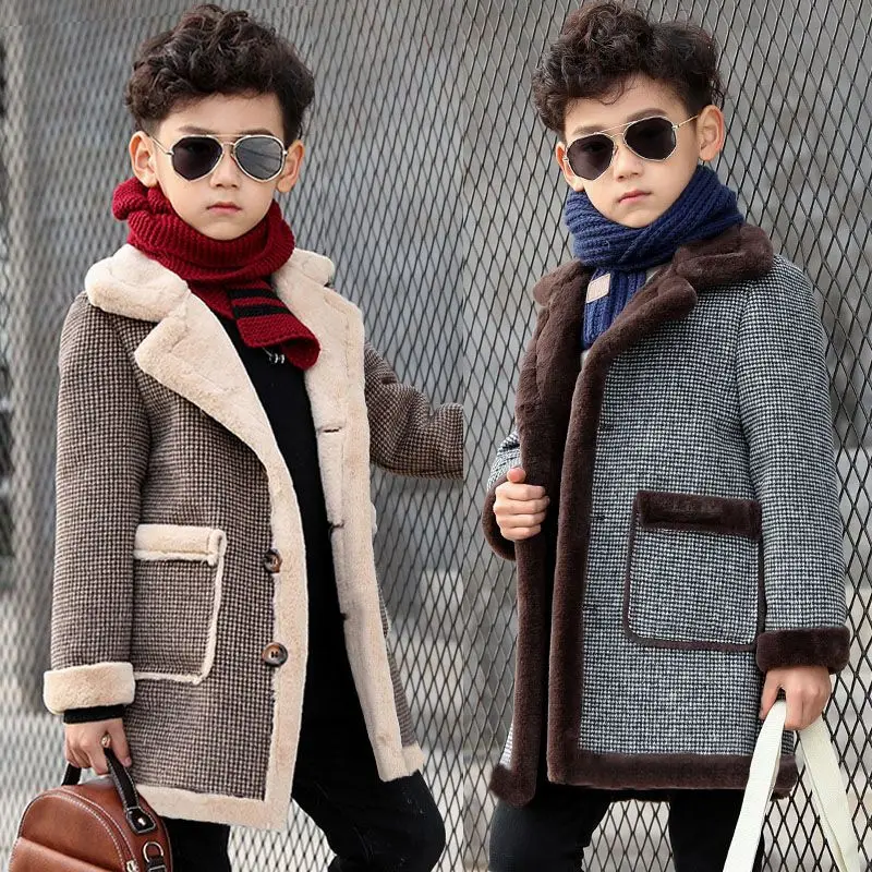 New Autumn Winter Boys Fashion Woolen Plus Velvet Thickened Children's Coats Kids Handsome Jackets Warm Casual Outerwear