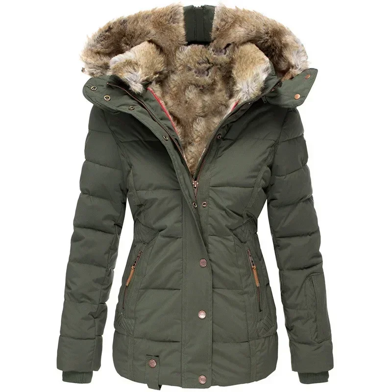 Winter Warm Wool Collar Cotton Coat Womens Zipper Long Sleeve Slim Fit Hooded Cotton Coat 3