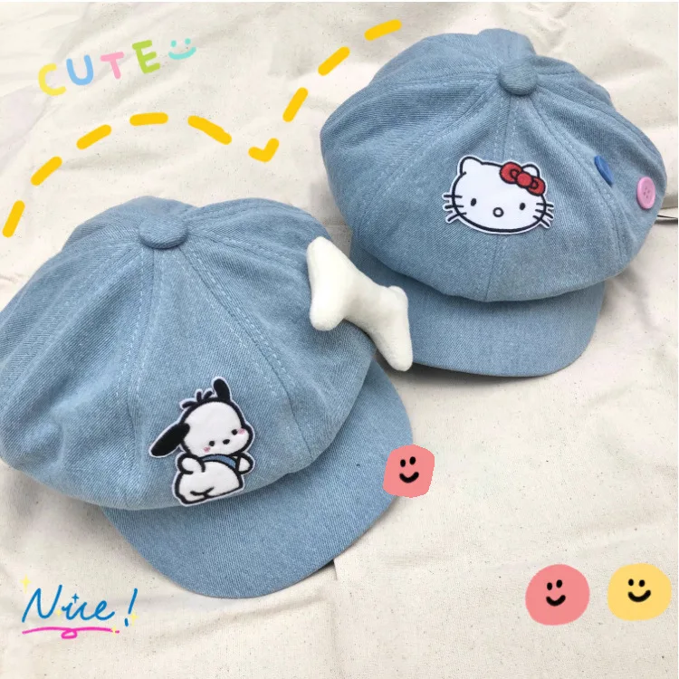 

Sanrio Kawaii Pachacco Hat Beret Anime Pattern Artist Style Denim Materia Female New Outdoor Leisure Visor Cap Newsboy Hats