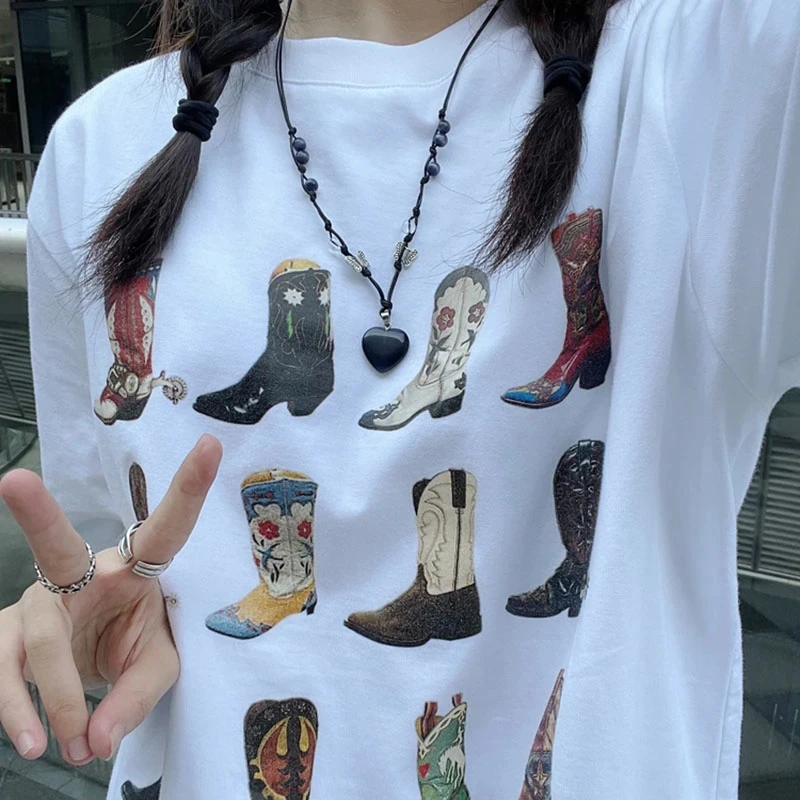 1pcs nine boots Western T-Shirt Women T Shirt Summer Loose Vintage Boho Texas T Shirt Cowgirl Cowboy Cute Graphic Tees945_voghion.com