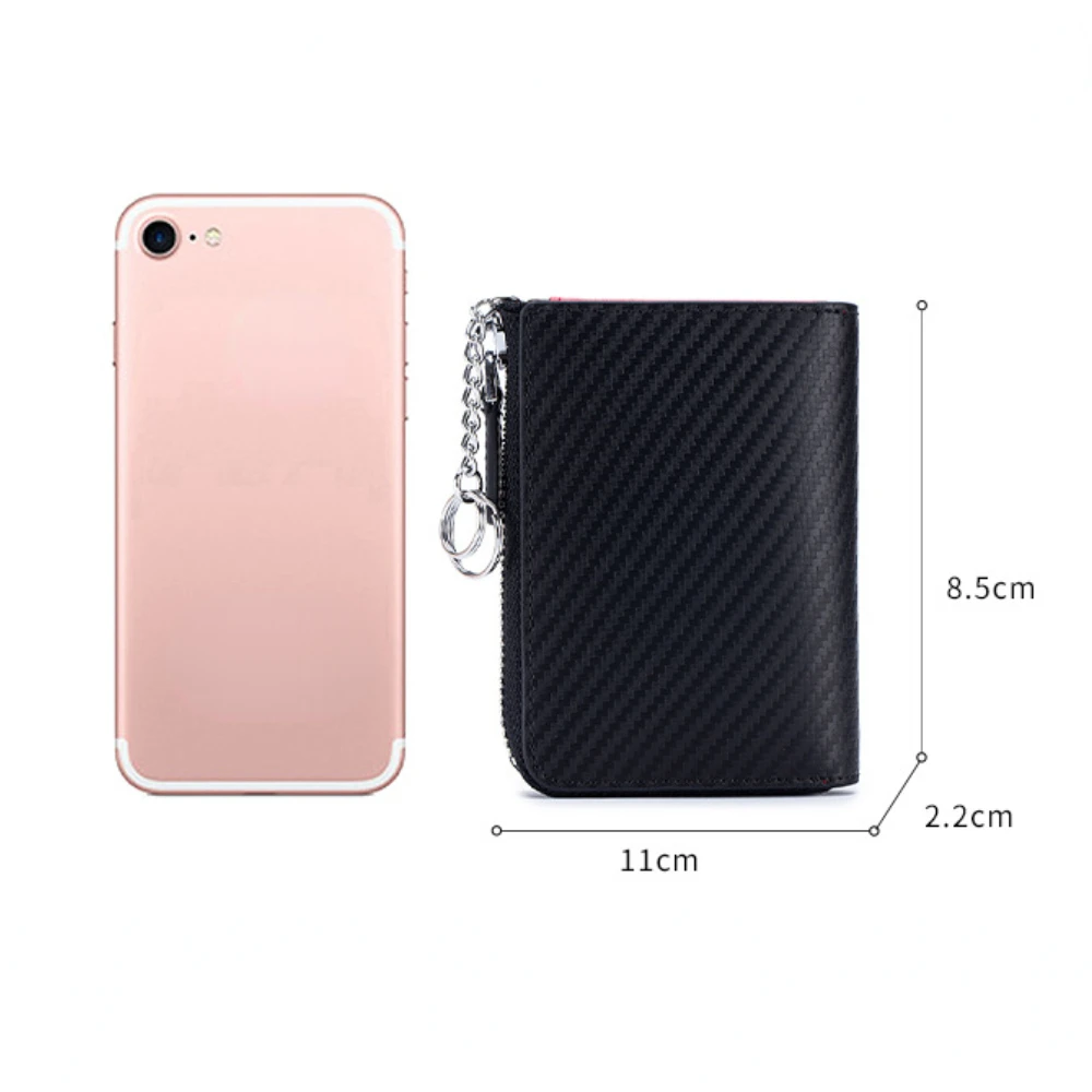 Leather Carbon Fiber Card Bag  Men's Zipper Business Card Clip Rfid Coin Purse