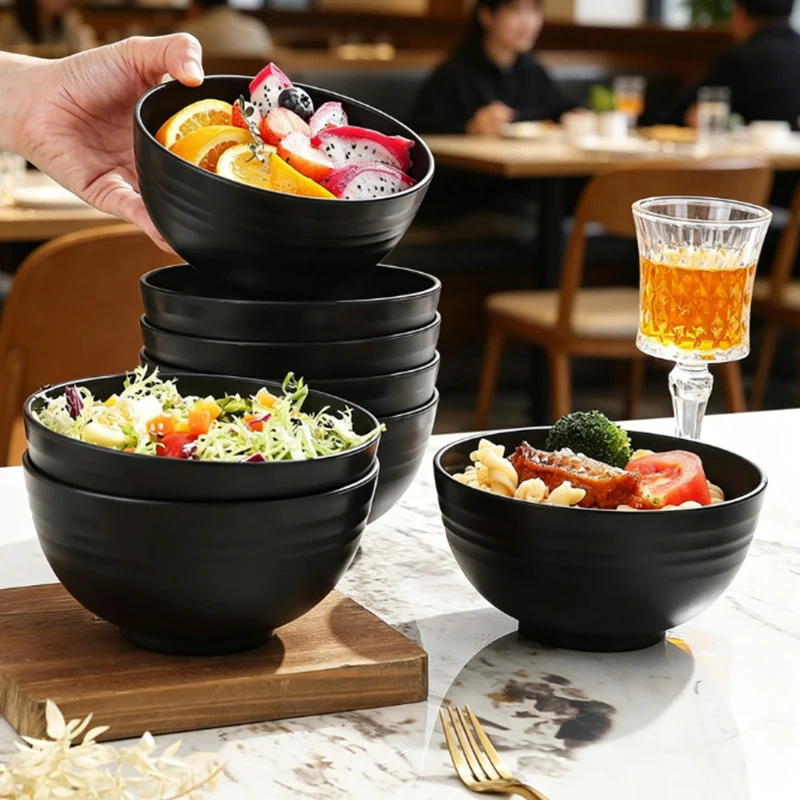 Ensemble de 4/6/8 bols en plastique noir, pour salade de fruits, nouilles instantanées, adapté aux pique-niques et aux fêtes.